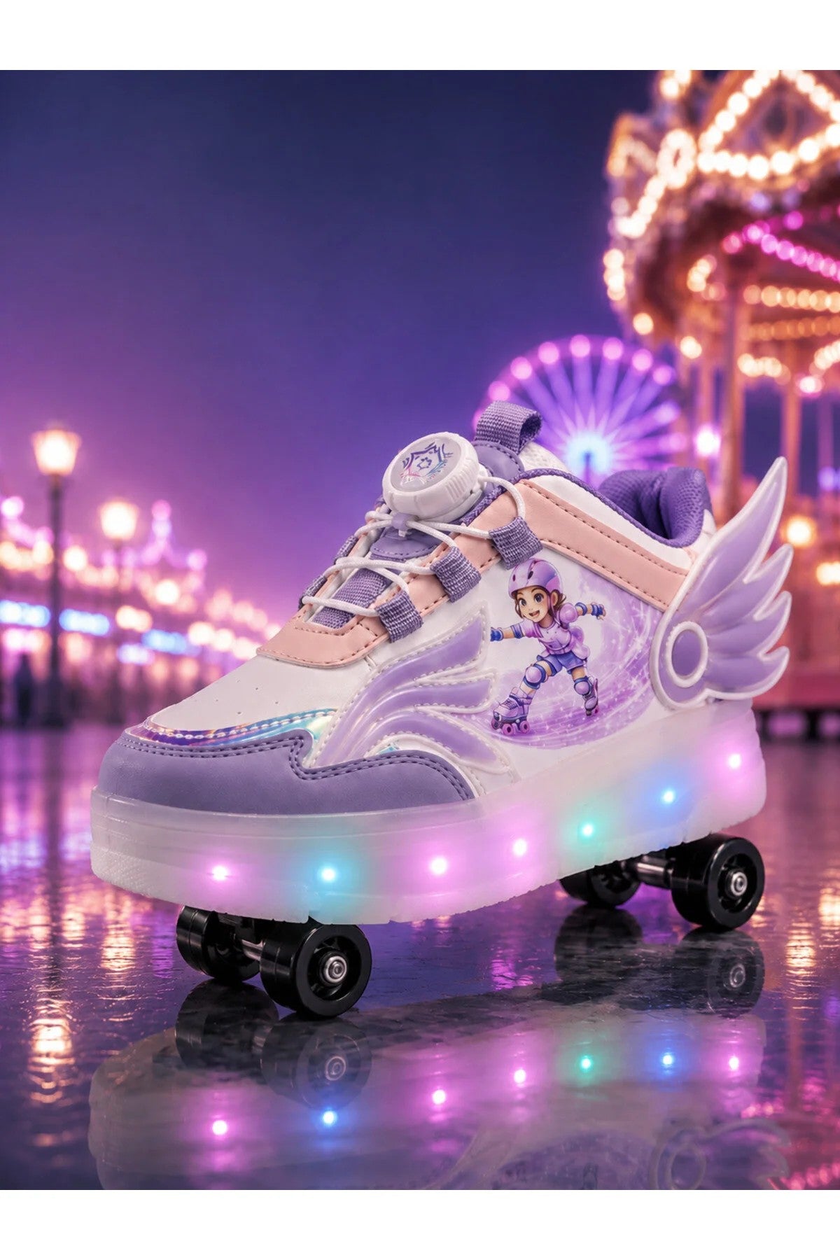 Kız Çocuk 4 Tekerlekli LED Işıklı Patenli Ayakkabı | BOA Döner Bağcık | Kanatlı Roller Sneaker |