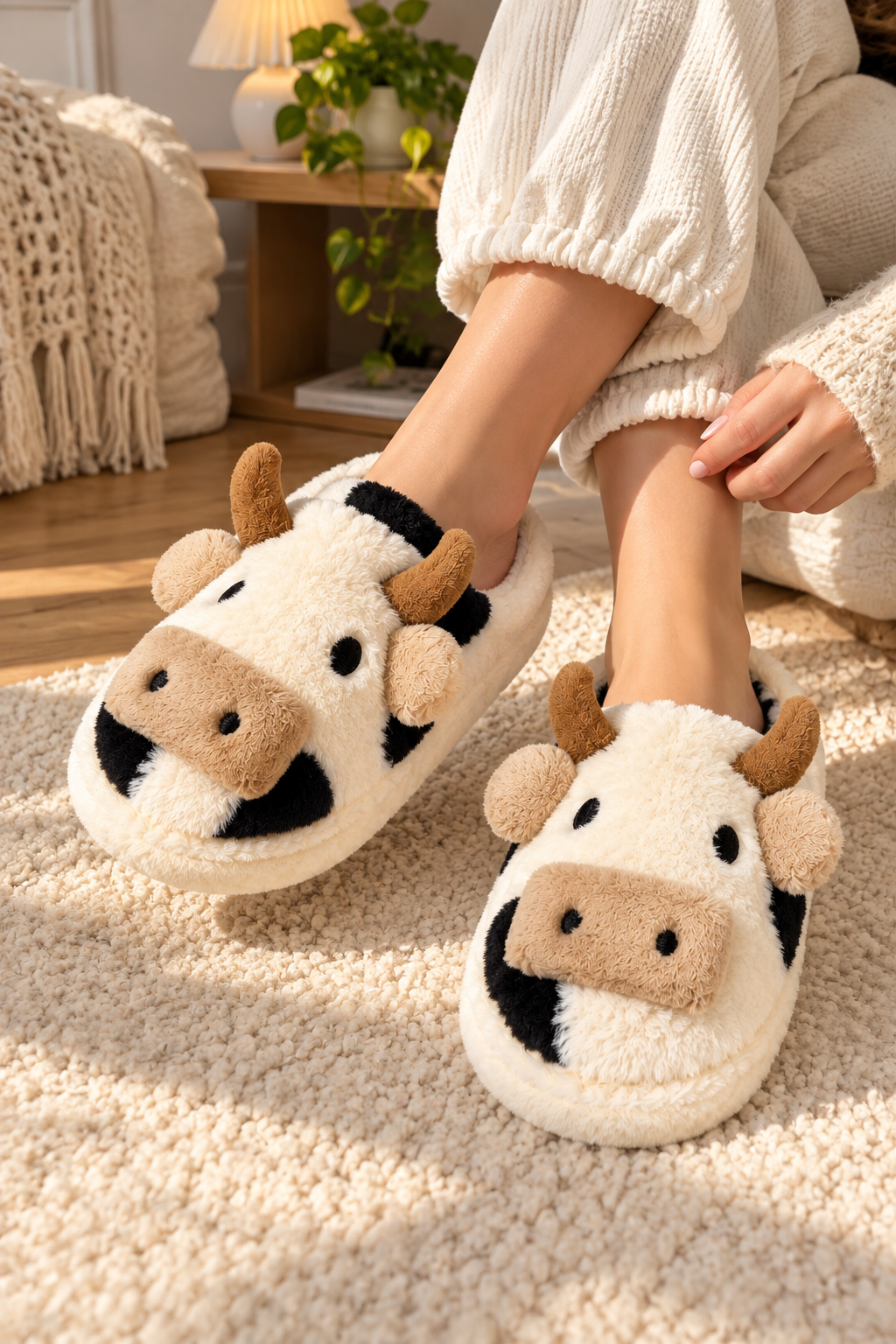 Step İnek Figürlü Peluş Panduf Ev Terliği – Yumuşak Sıcak Kışlık Terlik